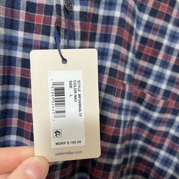 Peter Millar Gander Printed Button Up Plaid Shirt Size L Navy Classic Preppy NEW - Picture 9 of 10